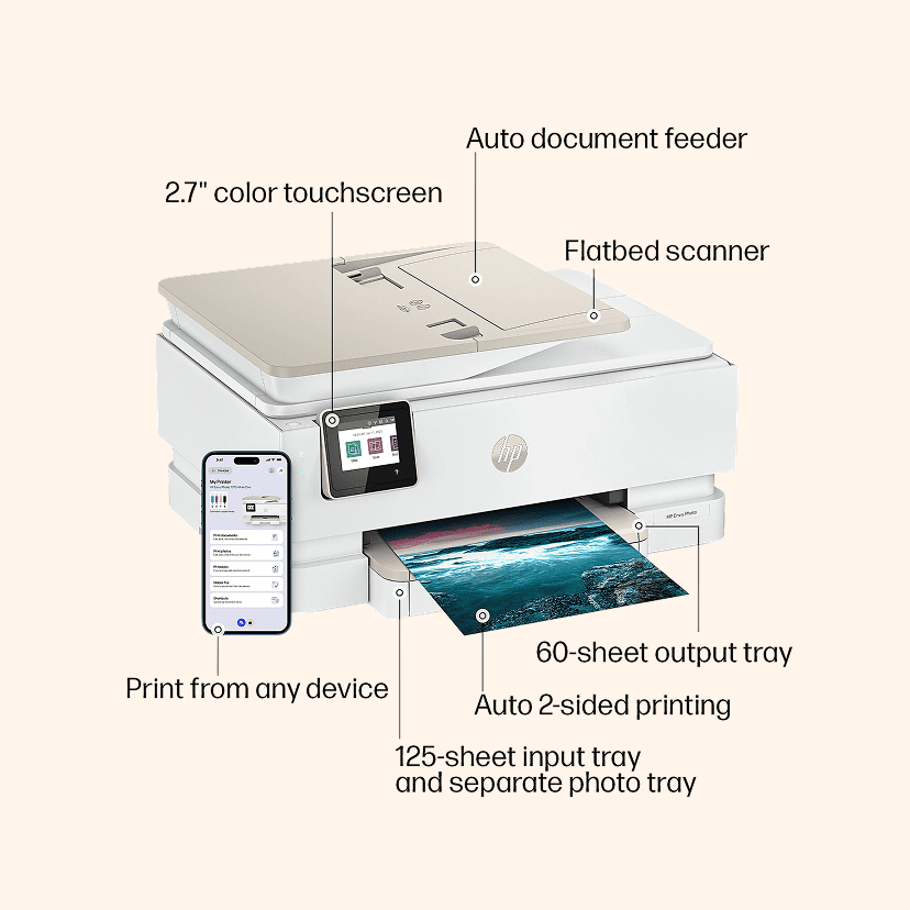 HP ENVY Photo 7975 Wired & Wireless Inkjet Multifunction Printer - Color - White/Light Portobello - Copier/Printer/Scanner - 15 ppm Mono/10 ppm Color Print - 4800 x 1200 dpi Print - Flatbed/ADF Scanner - Wireless LAN - USB - For Plain Paper Print - 1
